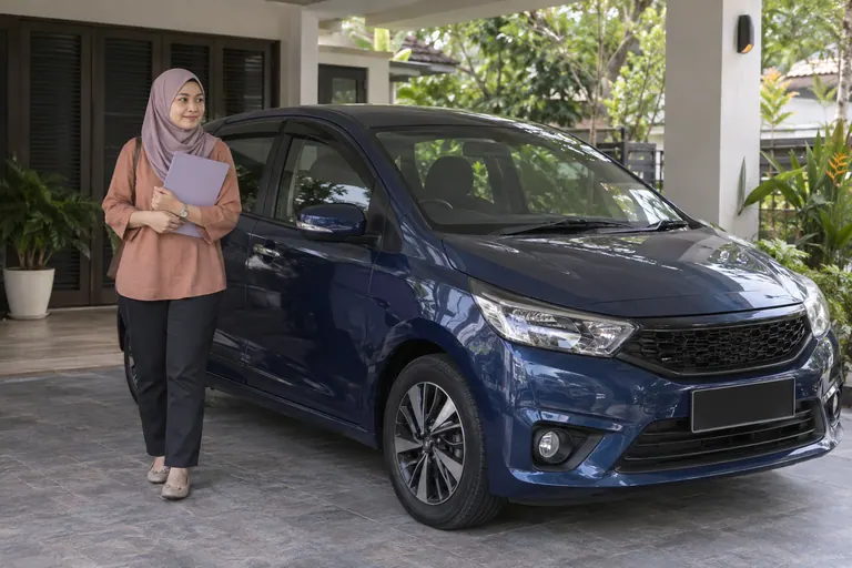 Pelanggan memegang folder lavender di sebelah kereta biru yang diparkir di rumah